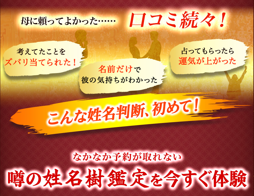 母に頼ってよかった……口コミ続々! 考えてたことをズバリ当てられた! 名前だけで彼の気持ちがわかった 占ってもらったら運気が上がった こんな姓名判断、初めて! なかなか予約が取れない噂の姓名樹鑑定を今すぐ体験